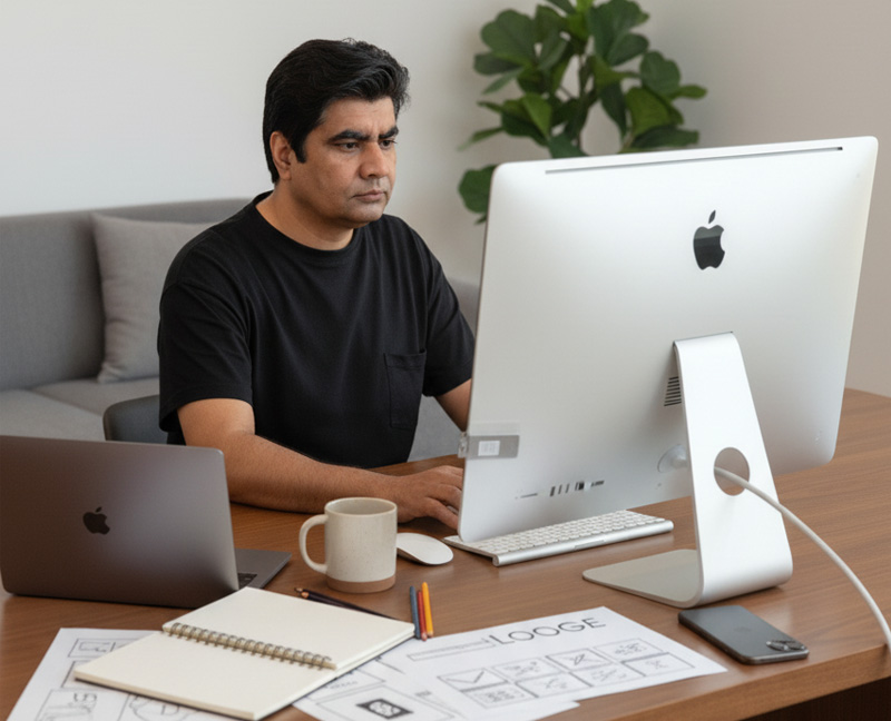 Atif Iqbal, Freelance Web Designer in Dubai, working on laptop